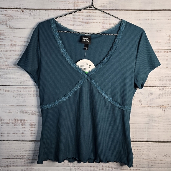 Planet Heart Tops - NWT Planet Heart Teal Shortsleeve Lace Detail Causal Vneck Top Womens Size Large